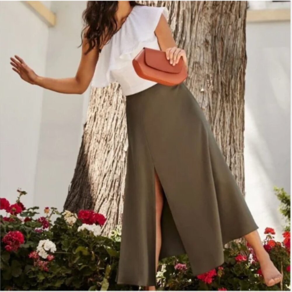 Cuyana Tencel Split Front Maxi Skirt - Olive Green - Size Small